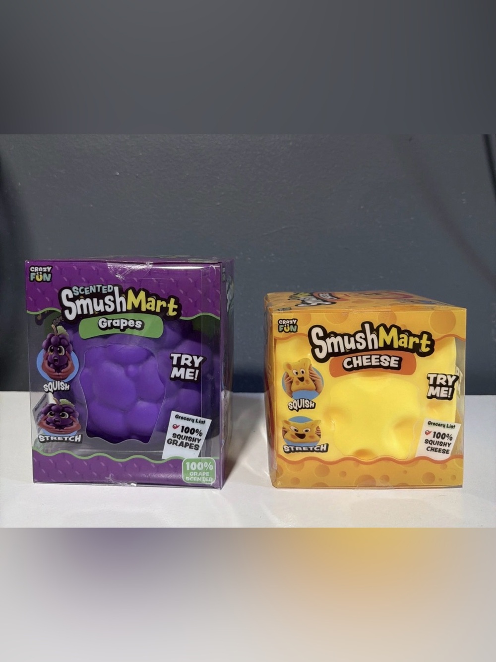 Crazy Fun SmushMart Cheese Squishy Stress Relief Toy Yellow and Grape Lot Of 2